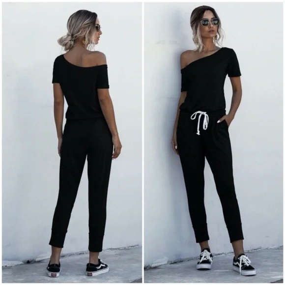 Comfy Black off shoulder waist tie pocket jumpsuit - Picture 6 of 9